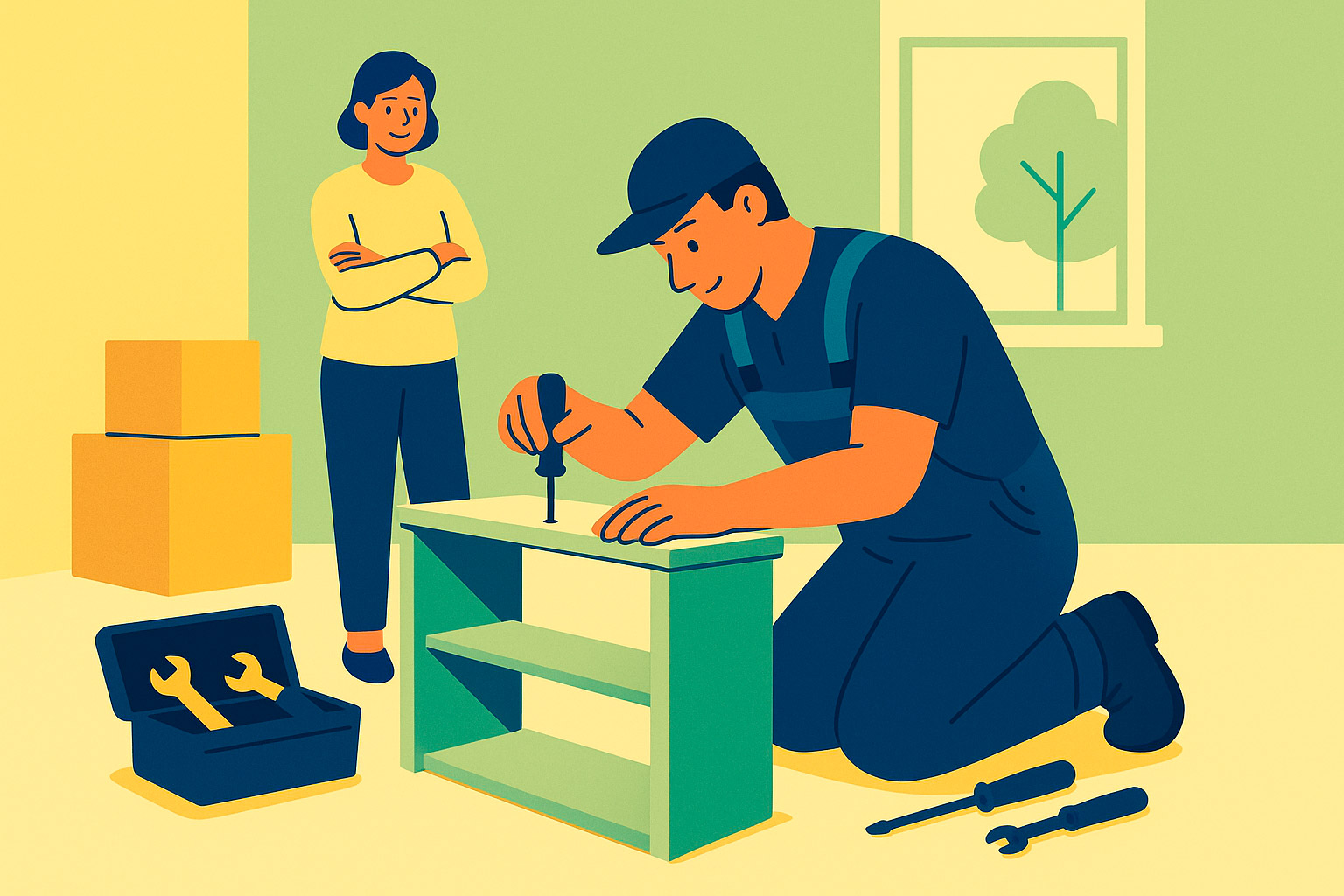 Profissional montando um móvel durante a mudança