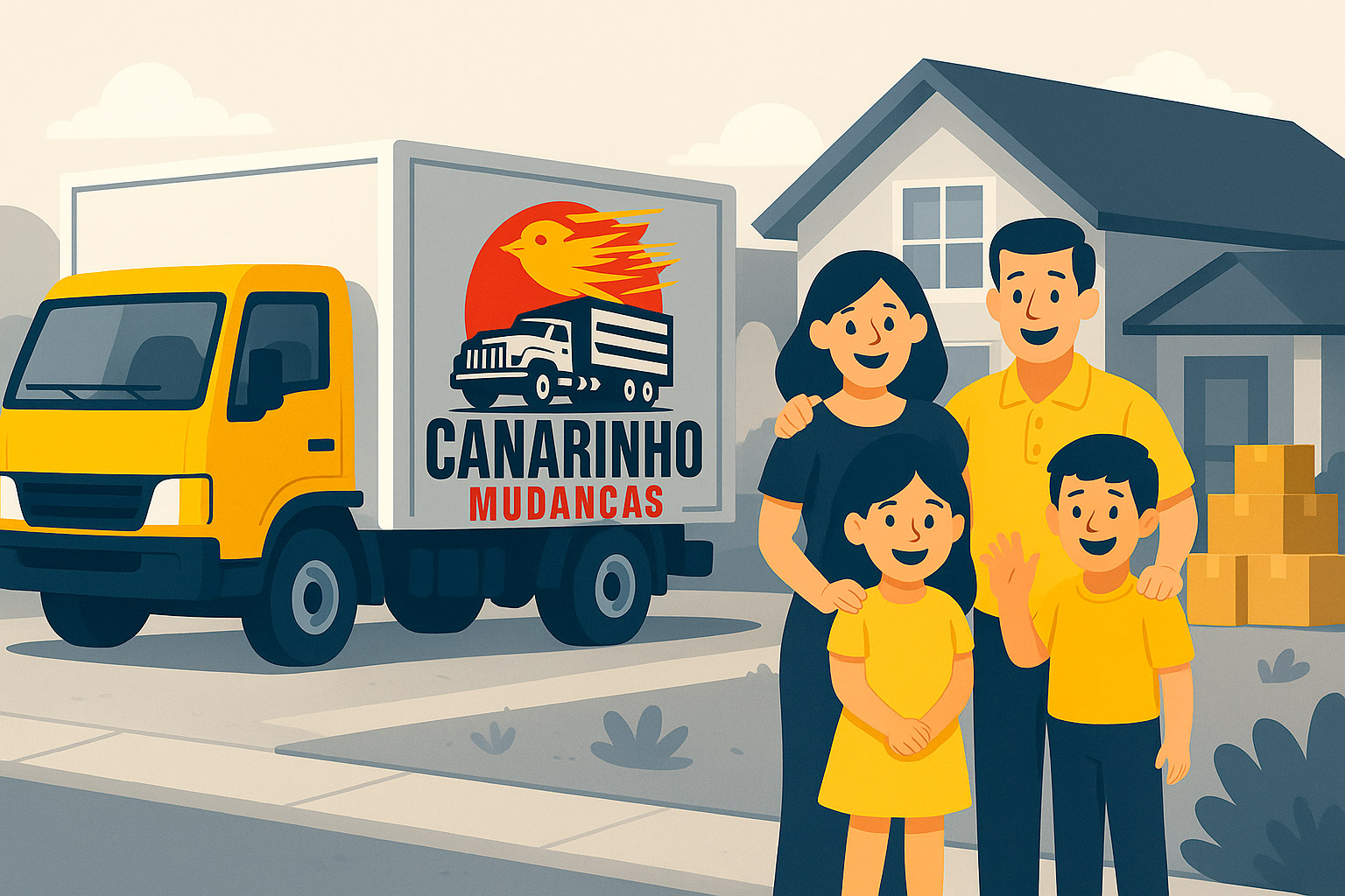 Família feliz realizando mudança com caminhão da empresa
